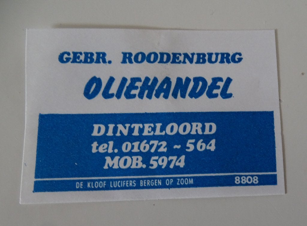 GEBR.ROODEBURG   OLIEHANDEL    DINTELOORD, Verzamelen, Verzenden, Gebruikt, Luciferdoosjes of -merken
