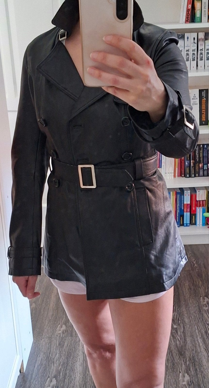 Korte leren trenchcoat, Maat 38/40 (M), Zwart, Gedragen, Charlie Houston