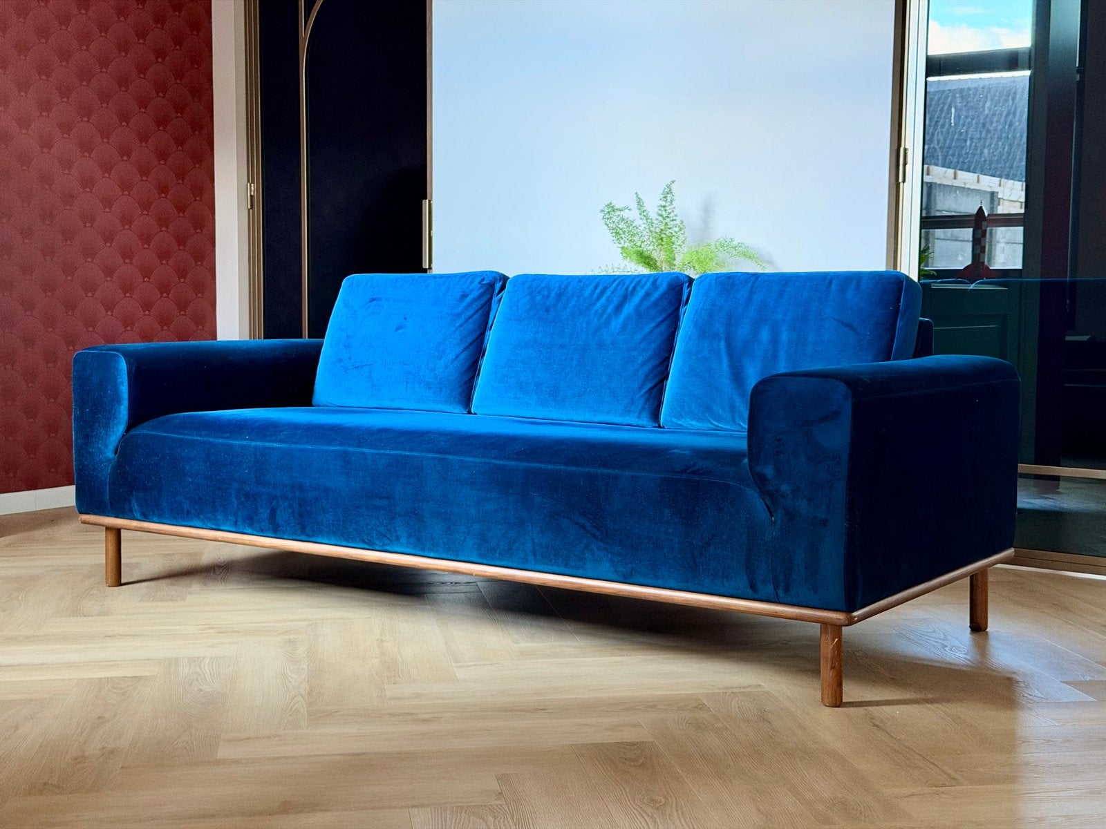 Sofa Company Vilmar 3-zits bank Lux blue matte velours, Huis en Inrichting, Ophalen, Gebruikt, Driepersoons, Rechte bank