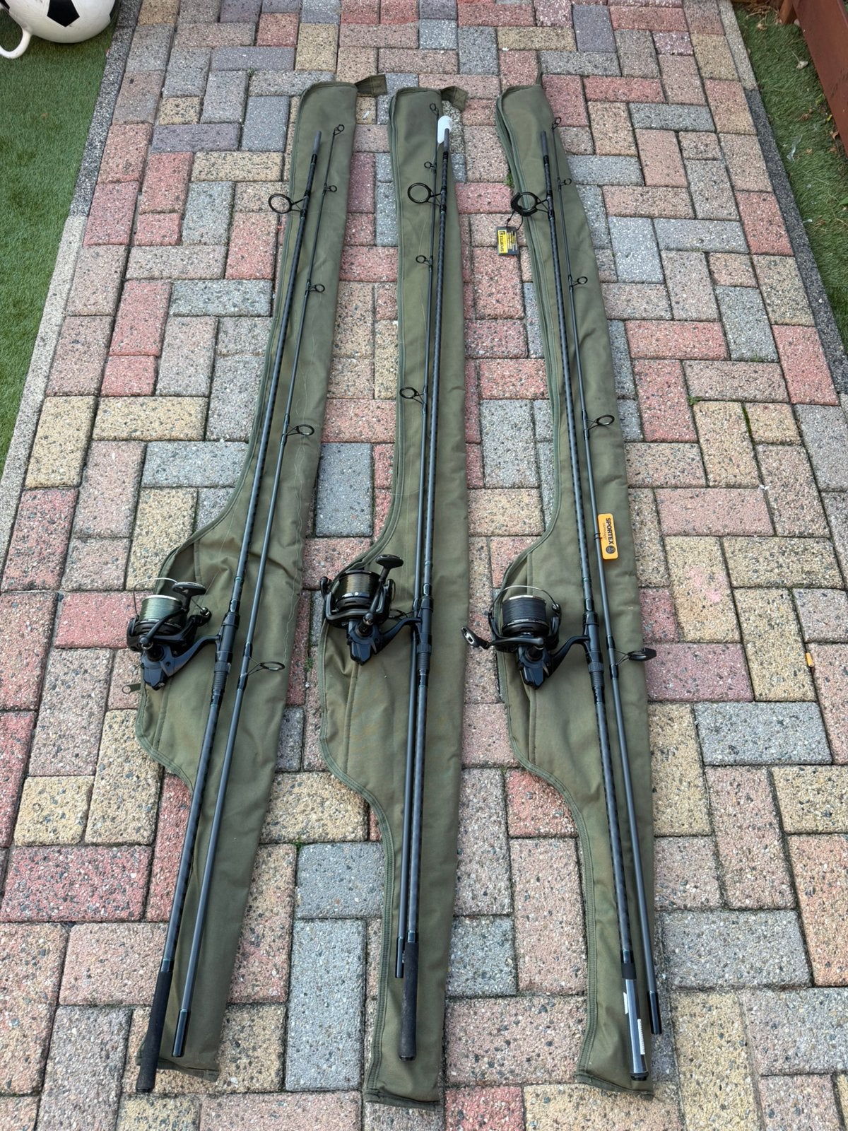3x sportex hengels 3x shimano 14000xtd, Ophalen of Verzenden, Zo goed als nieuw, Werphengel