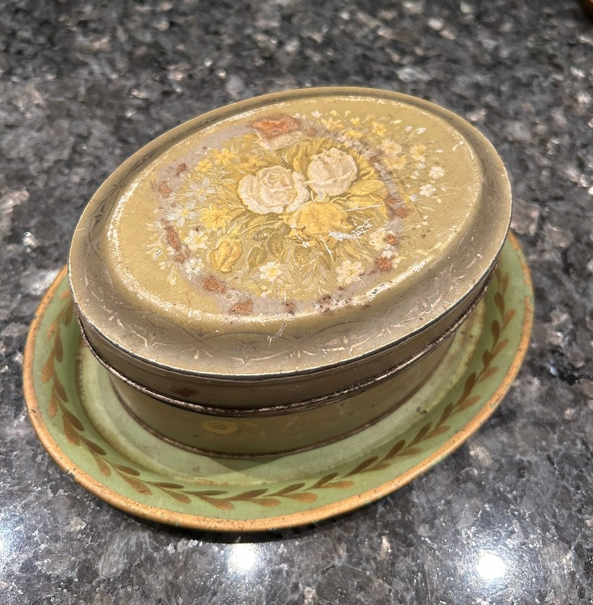 Vintage 19 cm blikje met scharnierend deksel en onderschaal, Verzamelen, Ophalen of Verzenden