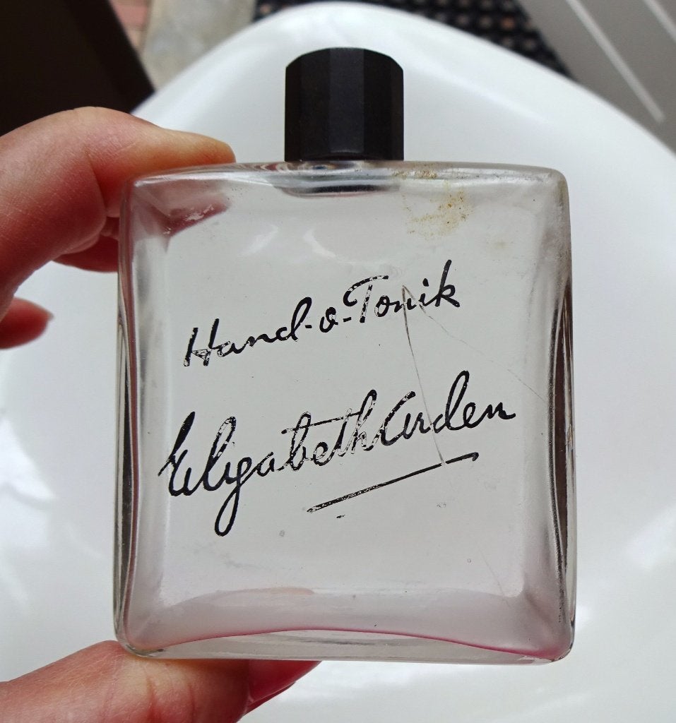 Jaren '30 glazen Elizabeth Arden 'Hand & Tonik' flesje, Antiek en Kunst, Ophalen of Verzenden