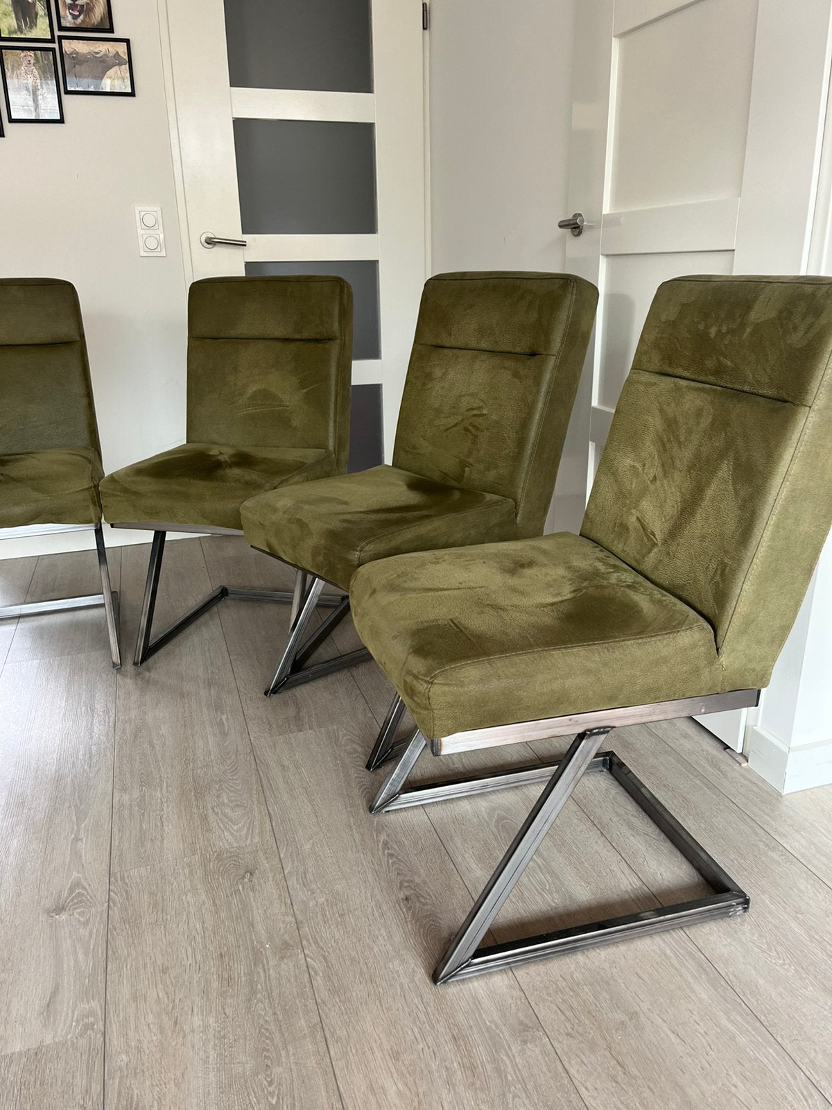 LiViK 6 stuks sledeframe  eetkamerstoelen groene suedelook, Ophalen, Gebruikt, Overige kleuren, Metaal