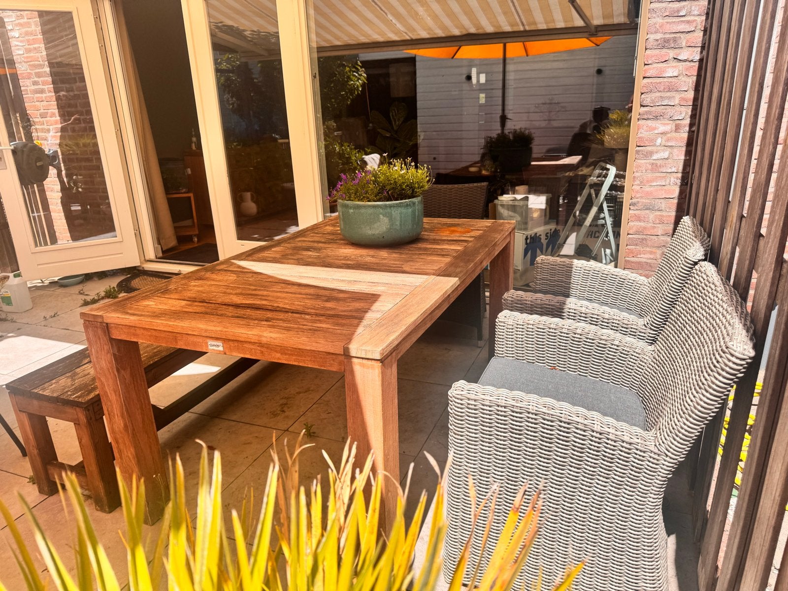 Teak Tuinset met Tuintafel, Bank en 2 Stoelen, 4 zitplaatsen, Gebruikt, Teakhout, Ophalen of Verzenden