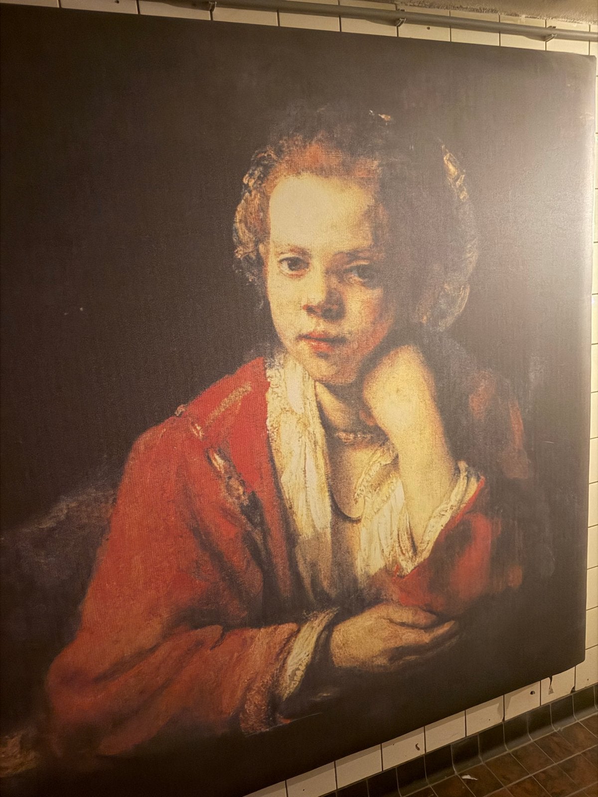 Rembrandt's 'Meisje in het venster' reproductie, Ophalen, Doek, Portret of Personen, Handgeschilderd