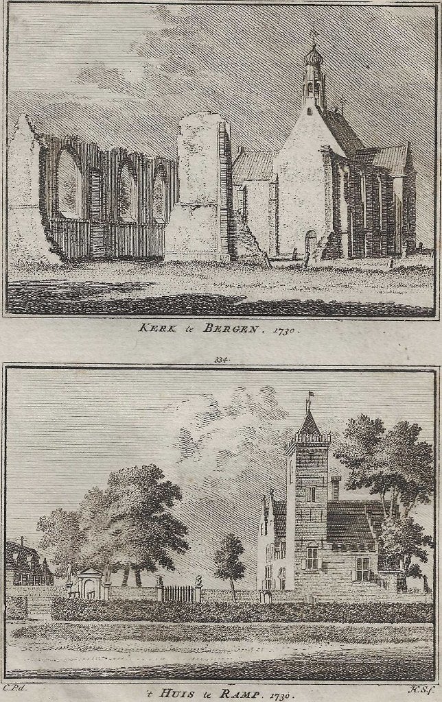 "De Kerk te Bergen 1730 en  't huis te Ramp.1730" Spilman Ko, Stadsgezicht, Ophalen of Verzenden, 16 cm, 10 cm