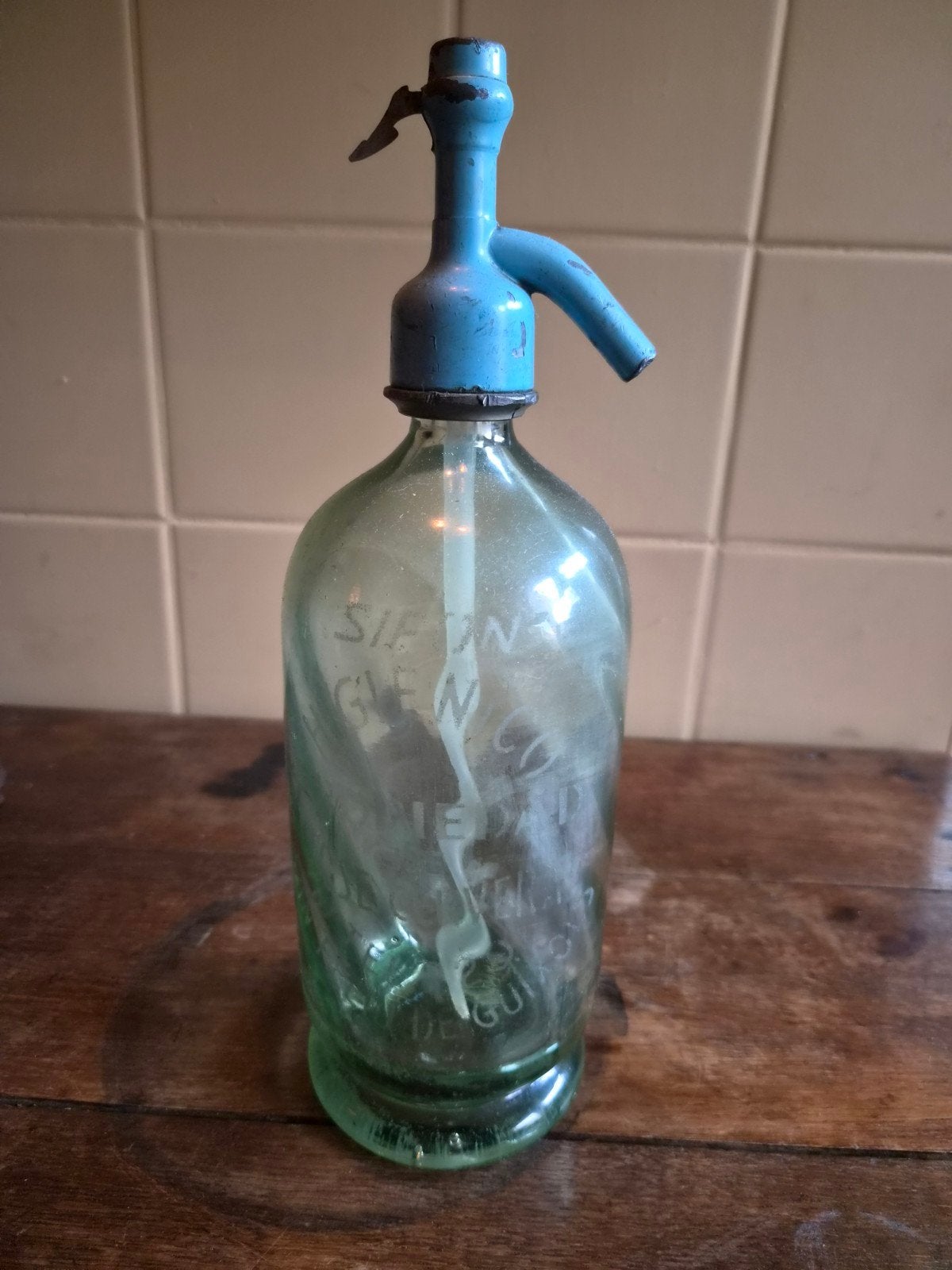 Vintage Sifonfles - Groen Glas met Blauwe Kop, Ophalen of Verzenden