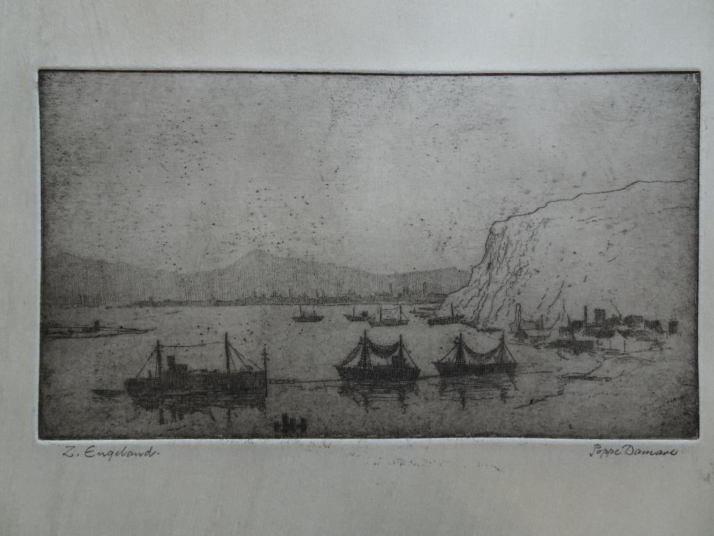Ets krijtrotsen, schepen kust Z-Engeland, Poppe Damave, Landschap, Origineel, 1950 - 1999, Verzenden