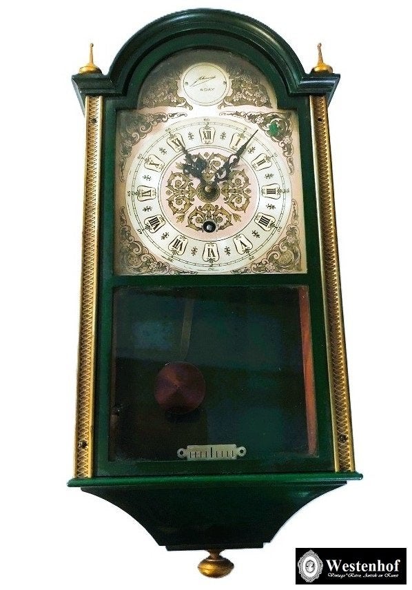 Vintage klok - wandklok art deco met slinger - groen goud, Verzenden