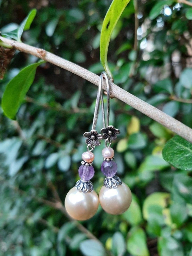 Oorbellen Netta shellparel-amethist-parel zilver, Sieraden, Tassen en Uiterlijk, Ophalen, Hangers, Nieuw, Roze