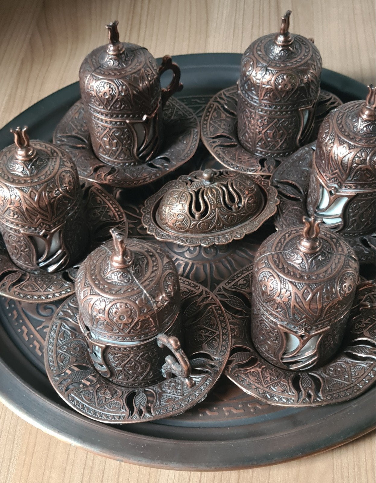 Turkse koffieset met 6 kopjes en dienblad, Ophalen of Verzenden