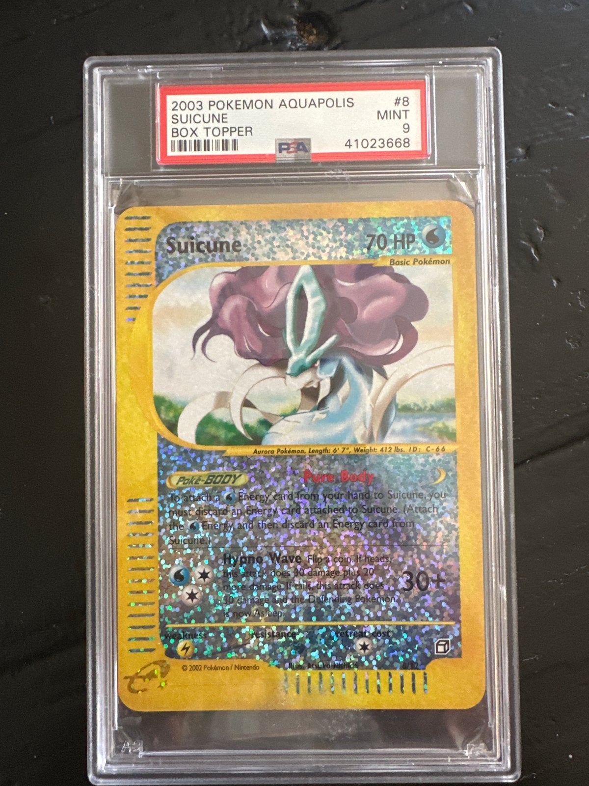 Suicune Box Topper PSA 9 - 2003 Aquapolis Pokémon Kaart, Ophalen of Verzenden, Zo goed als nieuw, Losse kaart, Foil