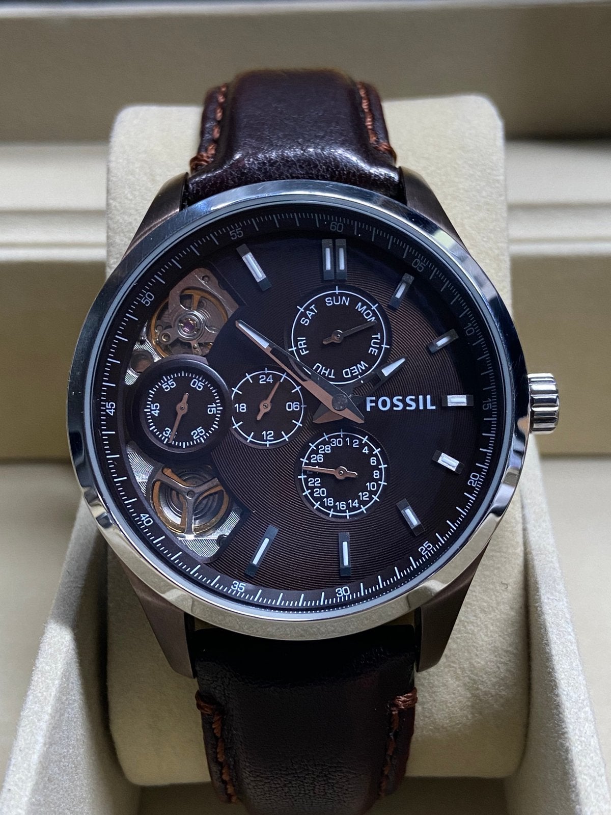 Fossil ME1123 Open Heart Genuine Leather, Sieraden, Tassen en Uiterlijk, Seiko, Staal, Polshorloge, 1960 of later