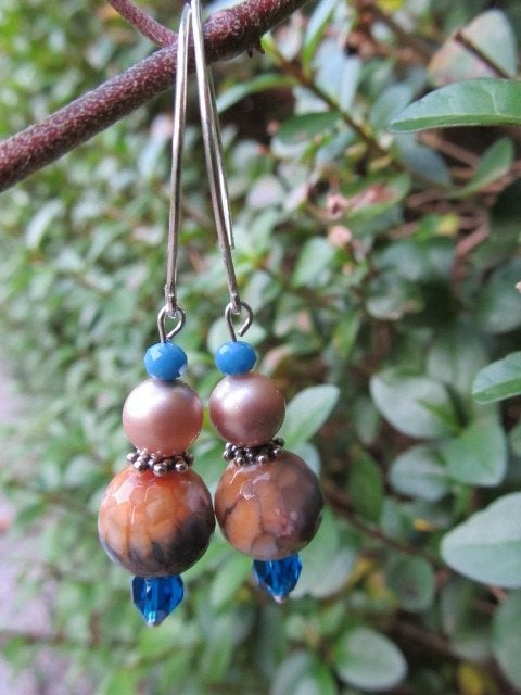 Oorbellen Diewke agaat-swarovski parel-glas facet zilver, Ophalen, Nieuw