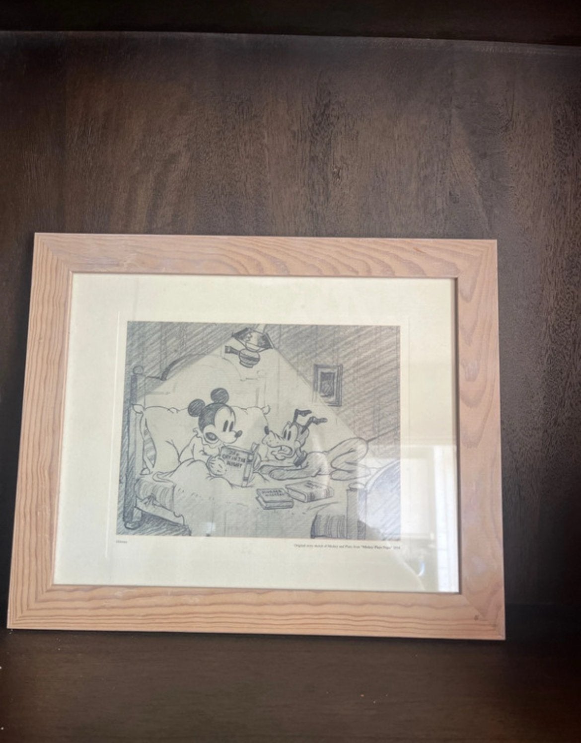 Mickey Mouse en Pluto in bed - Ingelijst Schilderij, Ophalen, Schilderij, Handgemaakt