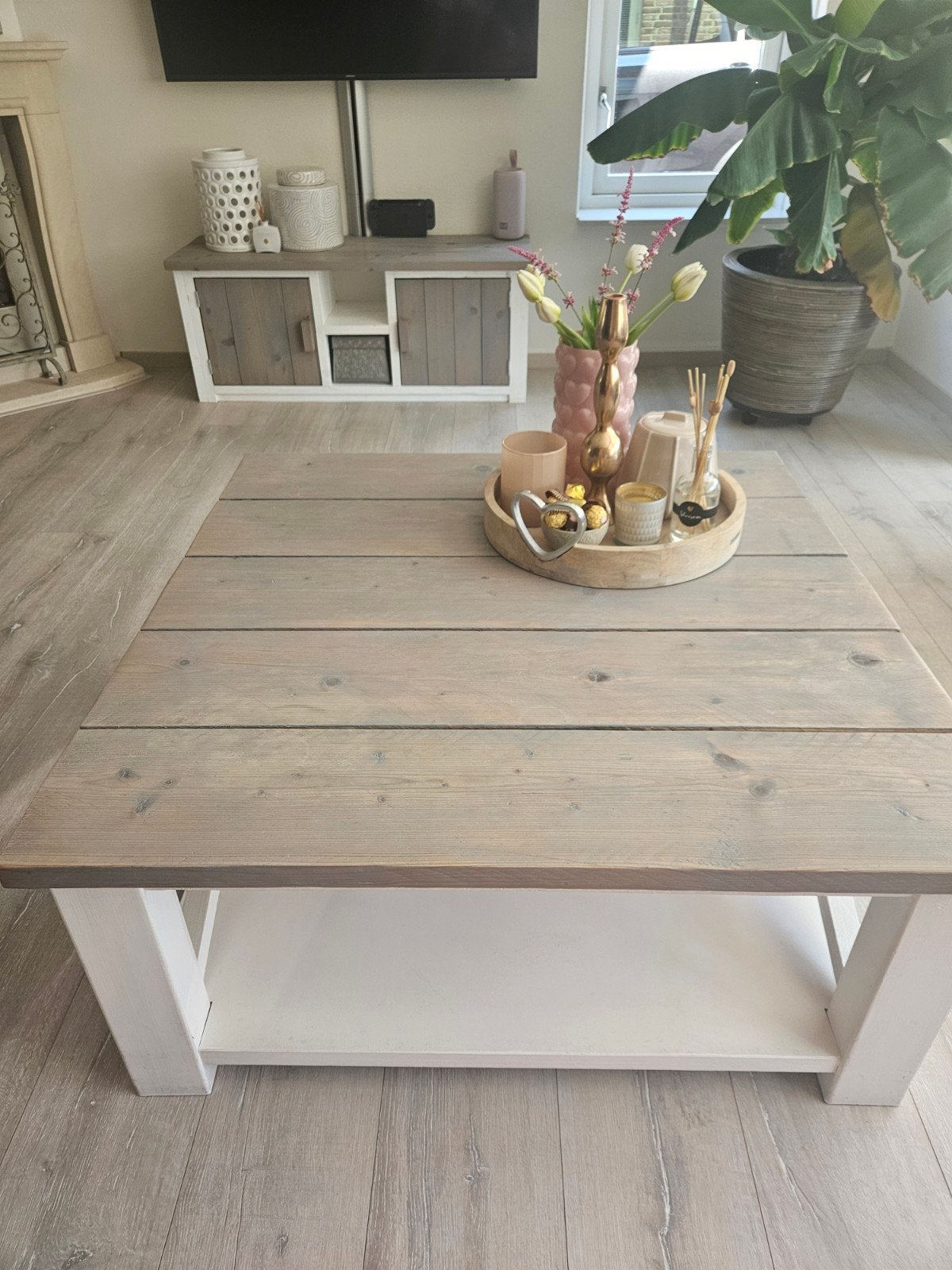 Salontafel en TV-meubel set van steigerhout, Huis en Inrichting, Tafels | Salontafels, Ophalen of Verzenden, Zo goed als nieuw