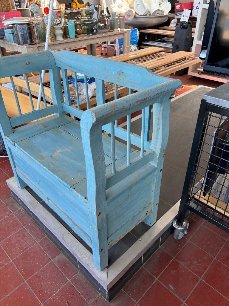 Antieke blauwe klepbank grenen houten opbergbankje, Ophalen
