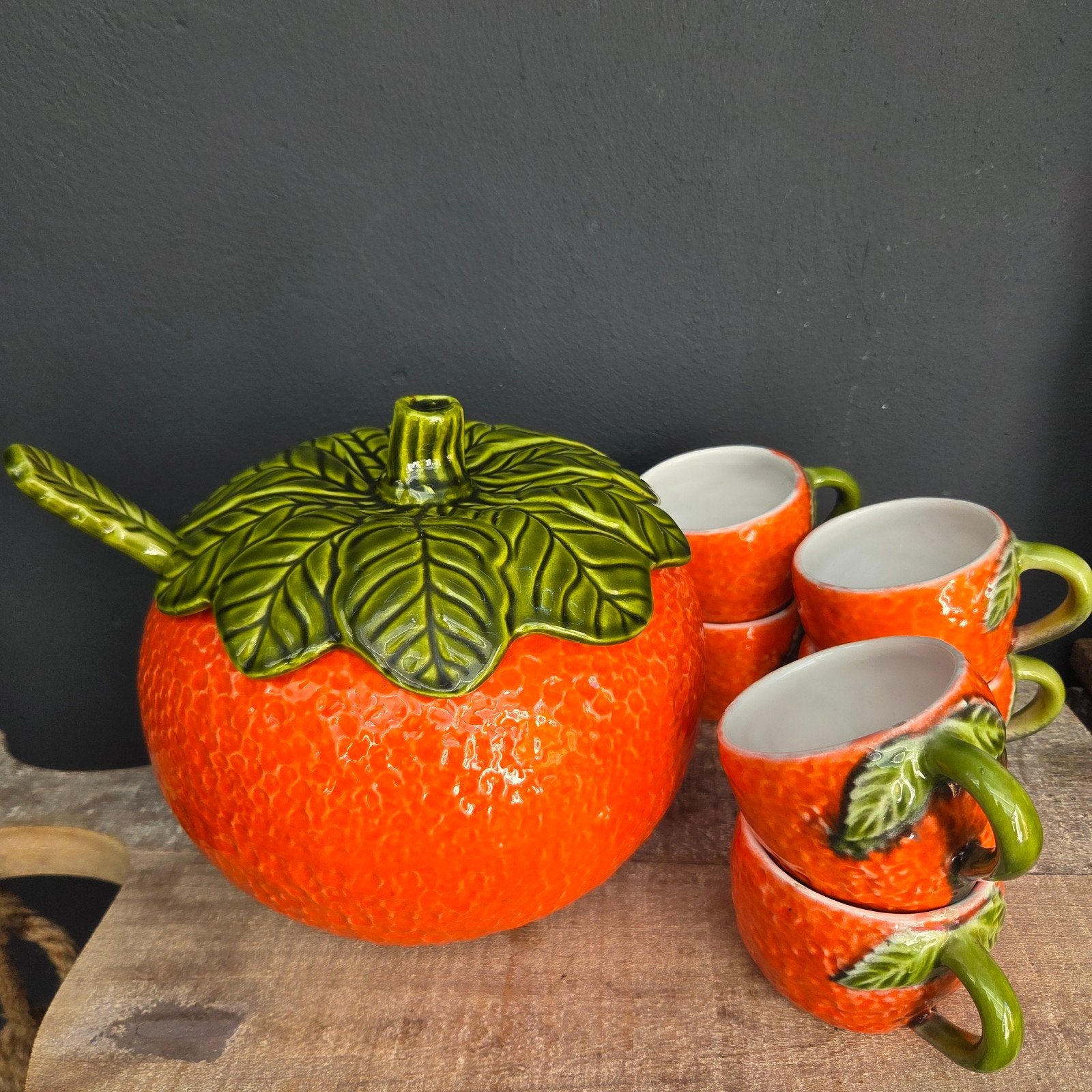 Vintage sinaasappel punch bowl set met Lepel en 6 Kommen, Ophalen of Verzenden
