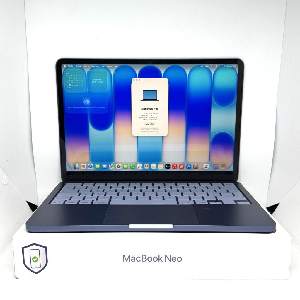 MacBook Neo 512GB indigo touchID /ongebruikt + 12 maanden ga, Apple, Zo goed als nieuw, Support@apple.com, Apple Park Way, Cupertino, California