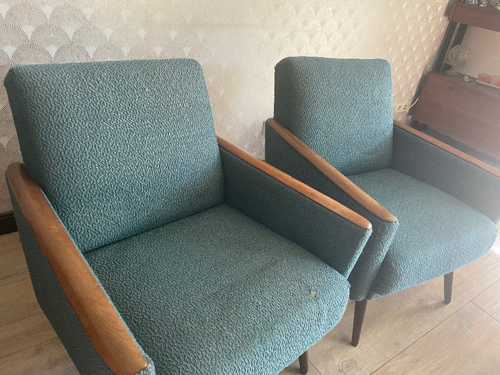 Set authentieke mid-century fauteuils, Ophalen, Gebruikt, Mid century / vintage, 75 tot 100 cm