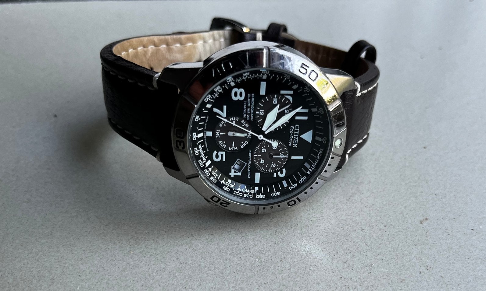 Citizen Eco-Drive Titanium Perpetual Calender Chronograph, Ophalen of Verzenden, Zo goed als nieuw, Leer, Citizen