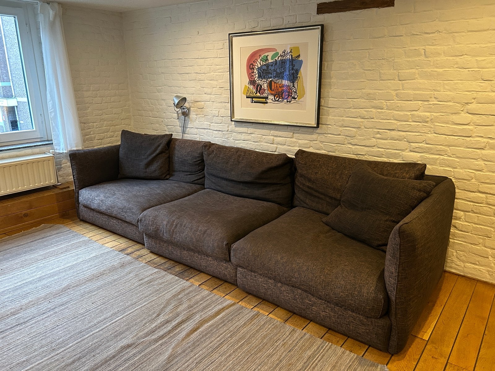 Comfortabele 3-zits bank - Donkerbruin stof, Ophalen, Gebruikt, 75 tot 100 cm, Rechte bank
