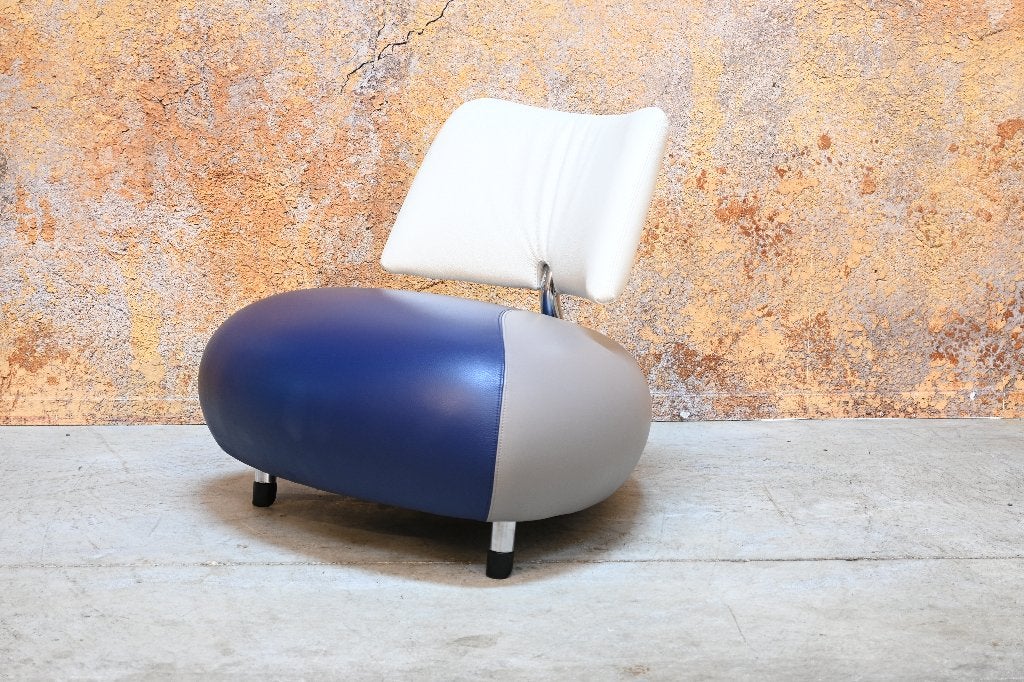 ZGANieuw Leolux Pallone design fauteuil in blauw en wit leer, Huis en Inrichting, Leolux, Leolux, 75 tot 100 cm, Ophalen of Verzenden
