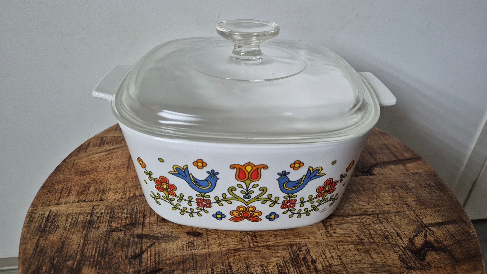 Vintage Pyroflam Ovenschaal met Deksel - Bloemen en Vogels, Ophalen of Verzenden, Gebruikt, Overige materialen