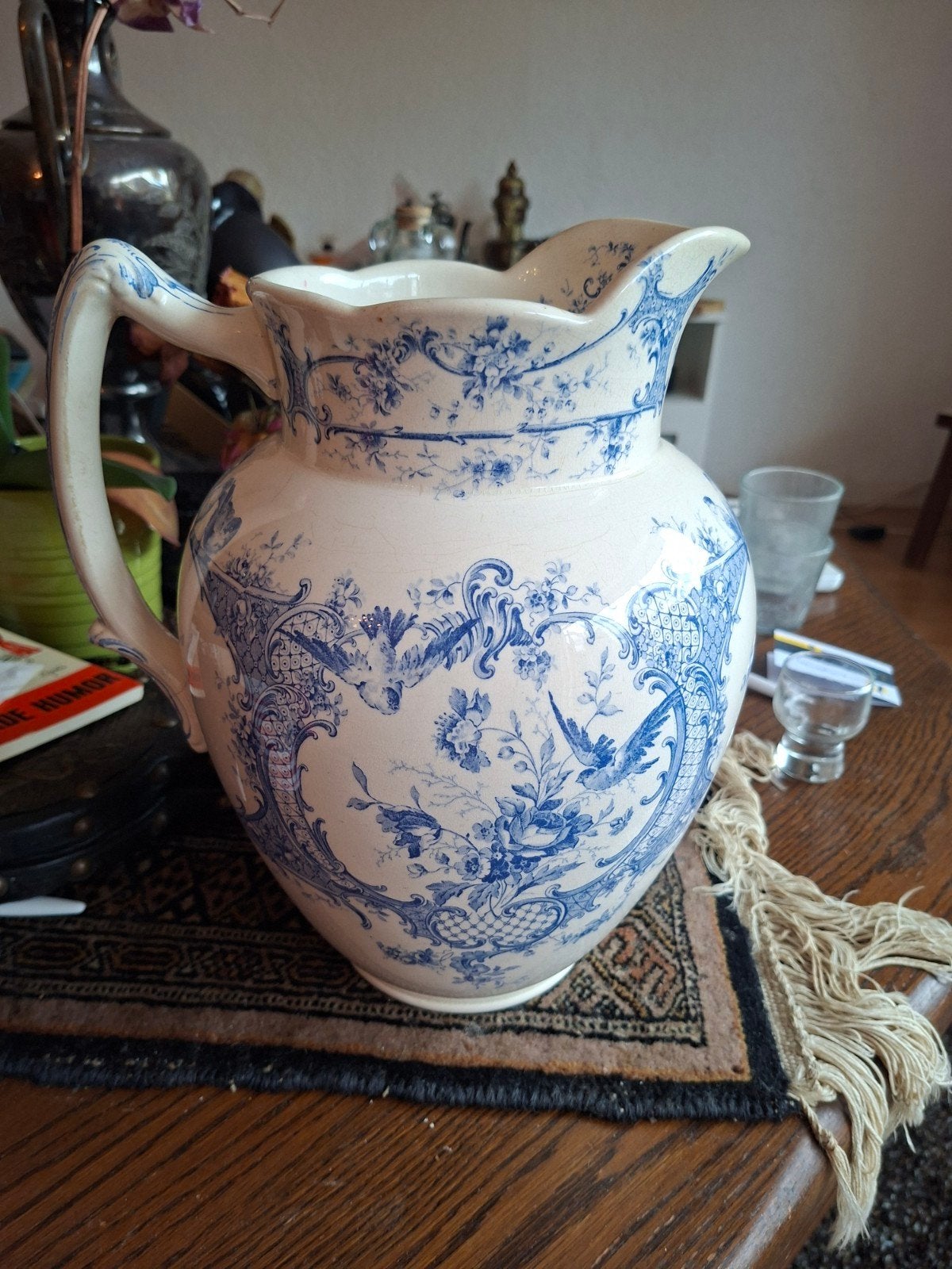 Antieke porseleinen kan met blauw-wit decor en vogels, Antiek en Kunst, Antiek | Vazen, Ophalen
