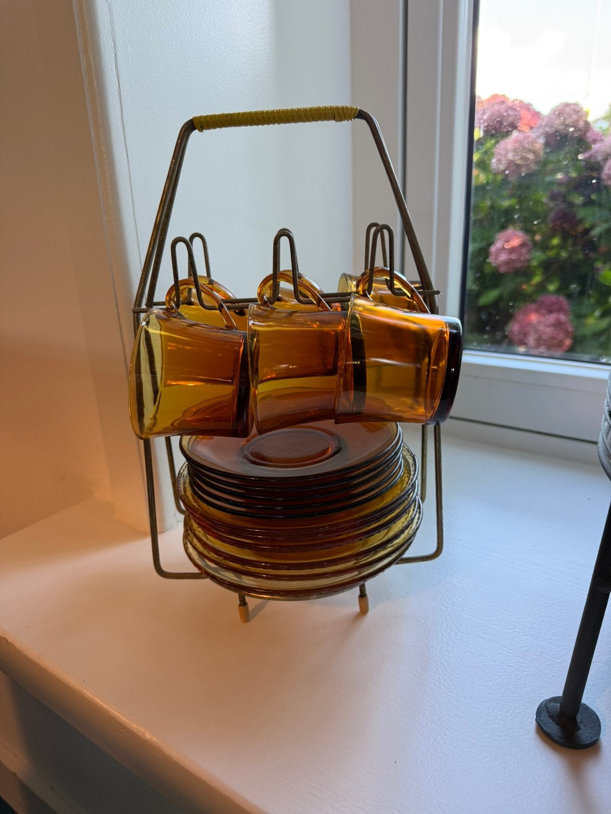 Duralex amberkleurige set kop en schotels, Gebruikt, Overige merken, Vintage, Ophalen of Verzenden
