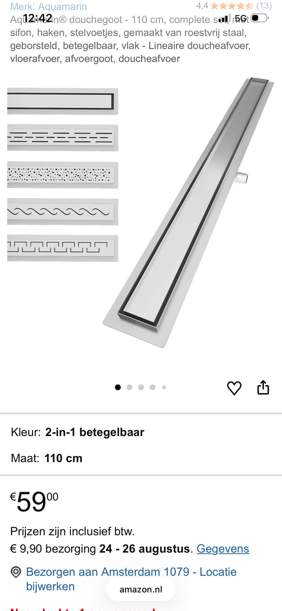 Aquamarin Douchegoot - 110 cm - RVS - Nieuw, Ophalen of Verzenden, Nieuw, Rvs, Douche