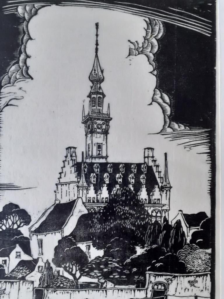 Houtsnede stadhuis Veere, Antiek en Kunst, Kunst | Etsen en Gravures, Ophalen of Verzenden