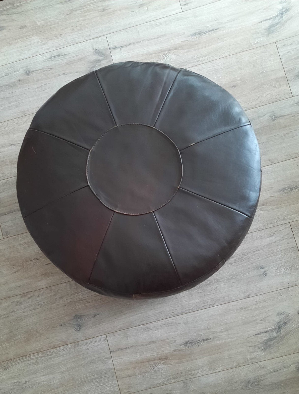 Vintage bruine leren poef - Ø 58 cm, H 29 cm, Ophalen