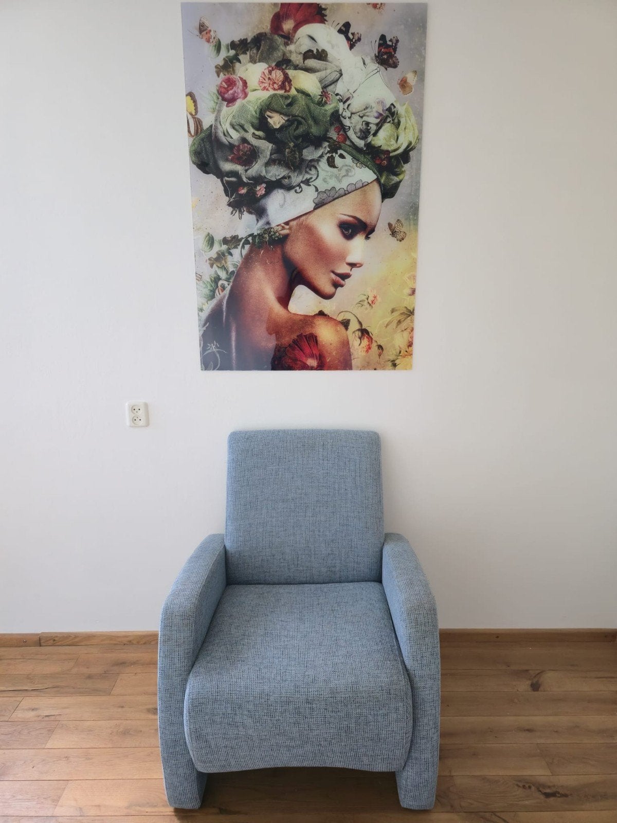 Blauwe fauteuil met lichte vlekjes op armleuning, Huis en Inrichting, Fauteuils, Ophalen, Gebruikt, 75 tot 100 cm, 50 tot 75 cm