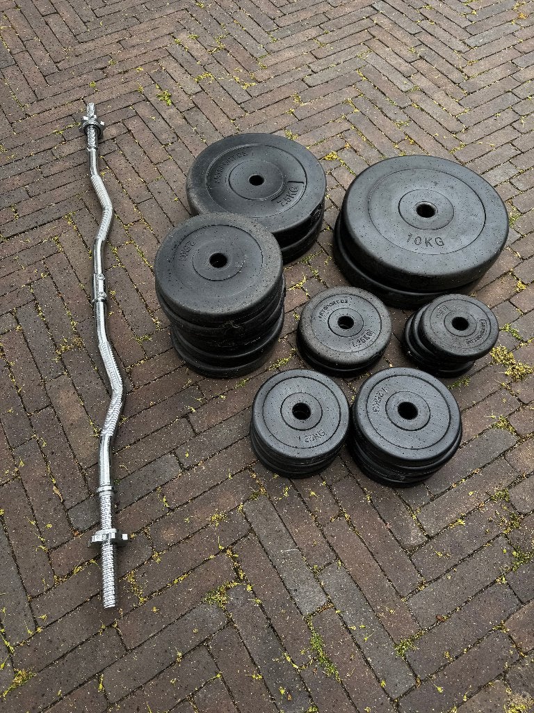 Complete halterset + kettlebells – ca. 75 kg totaal, Ophalen, Gebruikt, Halterstangen