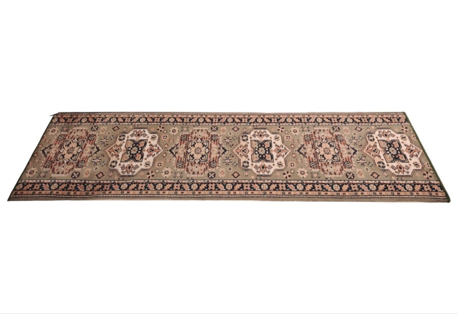 Vintage oosters wol vloerkleed loper groen medalion 66x220cm, Gebruikt, Traditioneel, Klassiek, Oosters, Crème, 200 cm of meer