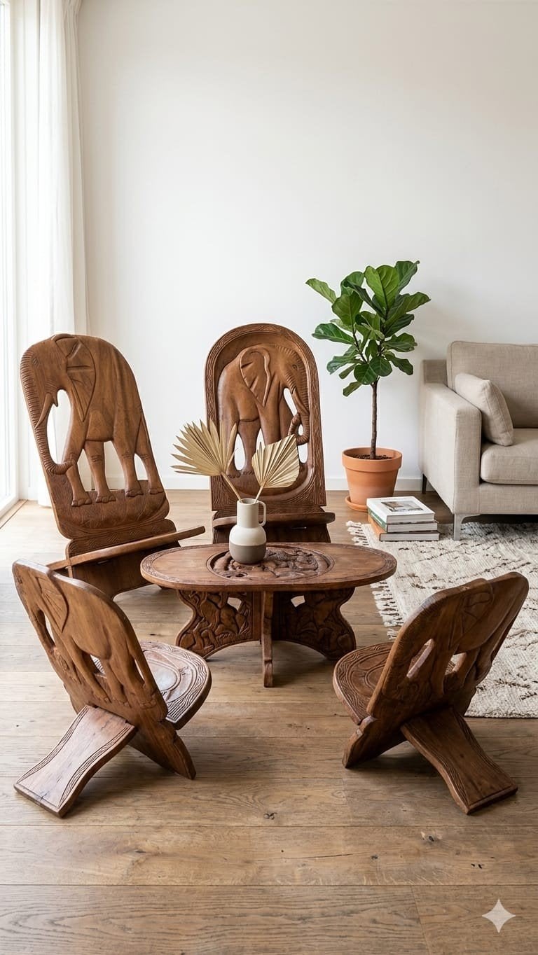 Unieke handgesneden houten olifantenstoelen en tafel, Ophalen, Gebruikt, Exotisch, Handgesneden, Afrikaans, Hout