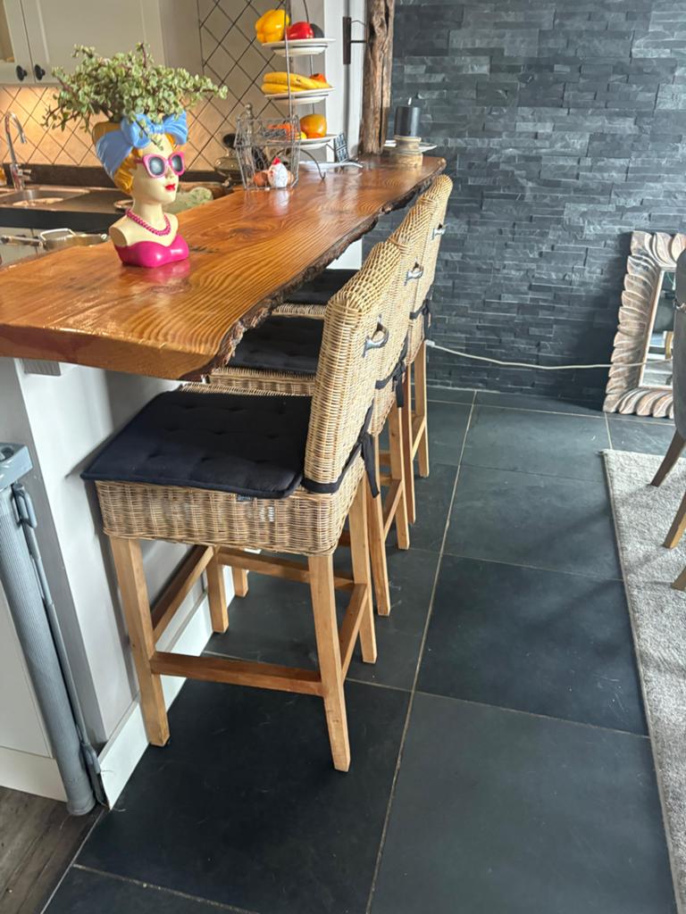 3 Riviera Maison rotan barkrukken in zeer nette staat, Huis en Inrichting, Ophalen, 60 tot 90 cm, Zo goed als nieuw, Riet