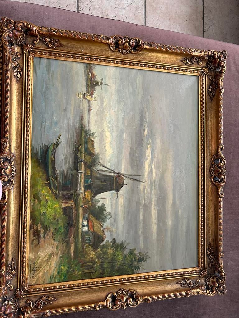 Olieverfschilderij Hollandse molen aan het water, Ophalen of Verzenden