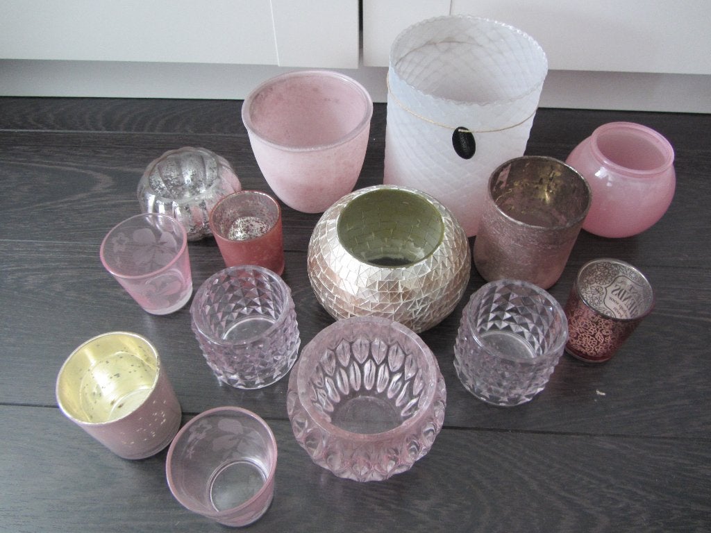 Verschillende Windlichtjes 14 stuks in de kleur roze, Waxinelichthouder, Ophalen of Verzenden, Glas, Roze