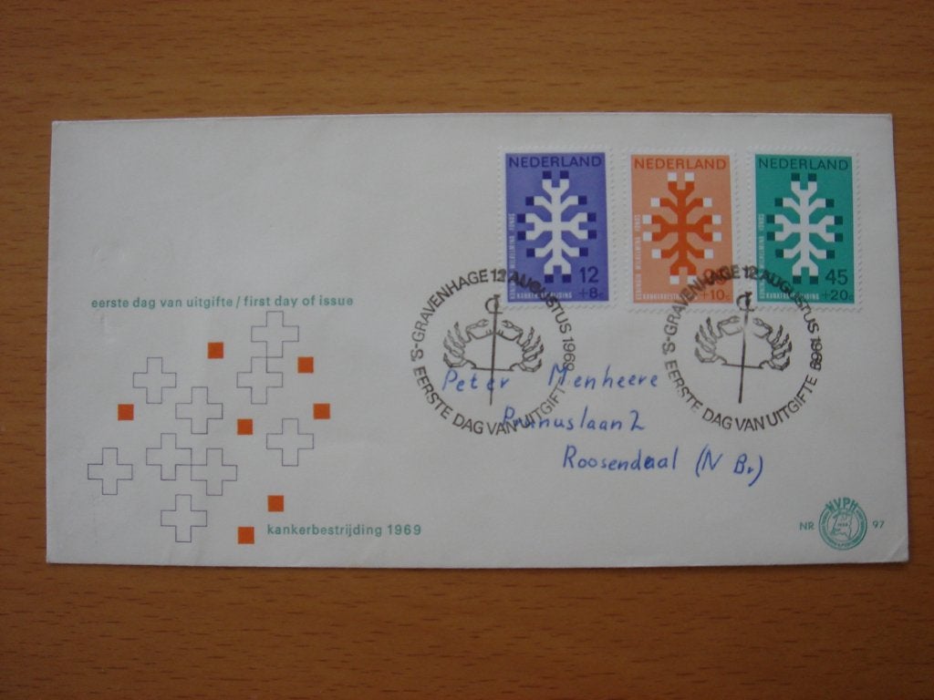 NVPH E97 1e Dag-enveloppe Kankerbestrijding 1969 , Ophalen of Verzenden, Beschreven, Nederland