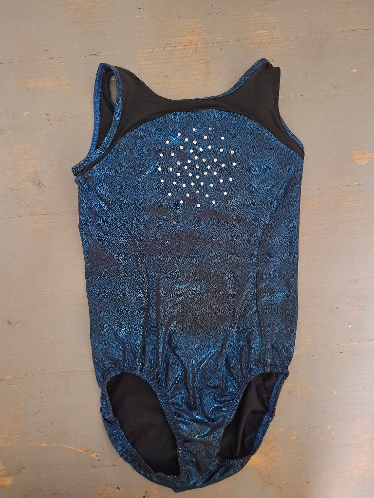 Turnpakje blauw zwart 8 jaar, Sport en Fitness, Turnen, Blauw, Zo goed als nieuw, Turnpak(je), Kindermaat 122 t/m 140