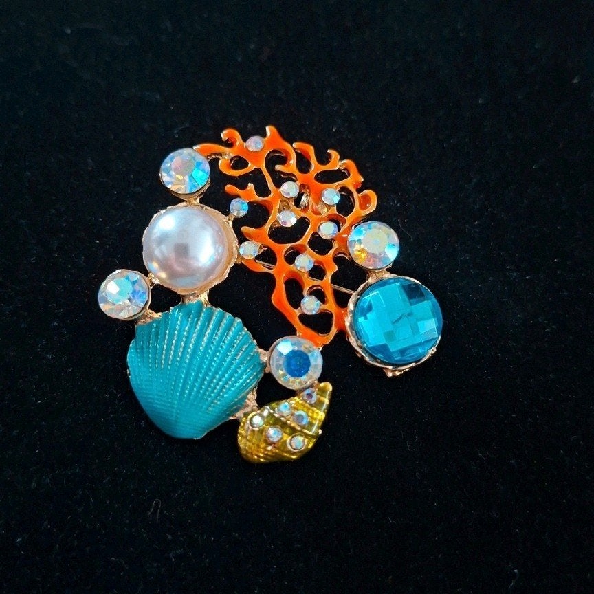 Broche met koraal, schelp en stenen, Overige materialen, 4 tot 7 cm, Met parel, Nieuw
