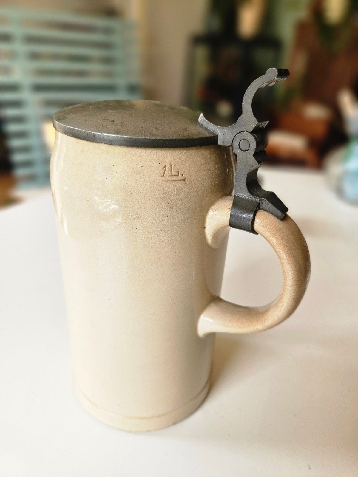 Antieke Duitse bierpul met tinnen deksel - 1 liter, Antiek en Kunst, Antiek | Keramiek en Aardewerk, Ophalen of Verzenden