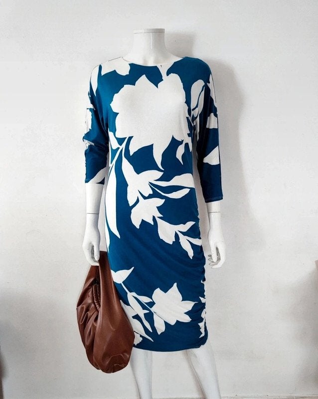 Phase Eight wlegante jurk blauw wit dessin 3/4 mouwen 38, Kleding | Dames, Maat 38/40 (M), Zo goed als nieuw, Onder de knie, Meerkleurig
