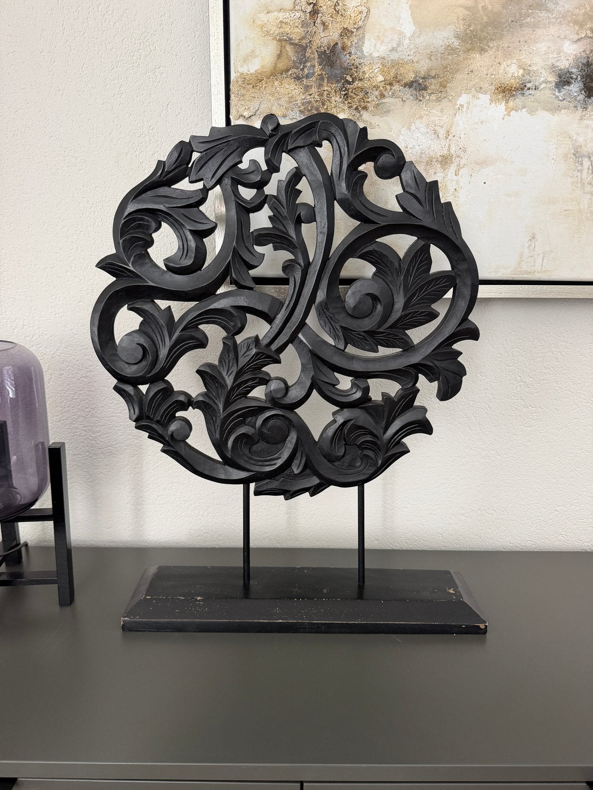 Decoratief houten ornament op standaard - Zwart, Hout, Overige stijlen, Ophalen of Verzenden, Gebruikt