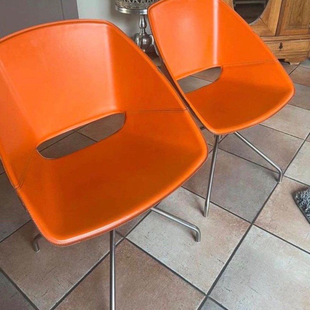 2 x Artifort Gap fauteuils Orange Leather, Ophalen, Gebruikt, Twee, Overige kleuren
