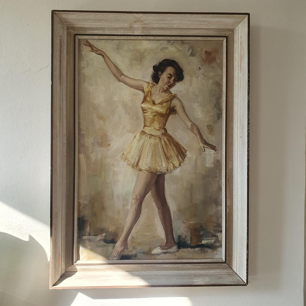 Olieverfschilderij H.Man: Elegante Danseres Ballerin in Goud, Ophalen of Verzenden