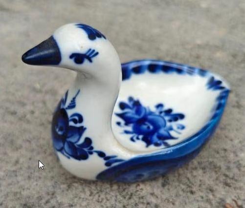 Vintage keramieken vogeltje blauw bloemmotief (zeephouder), Ophalen of Verzenden