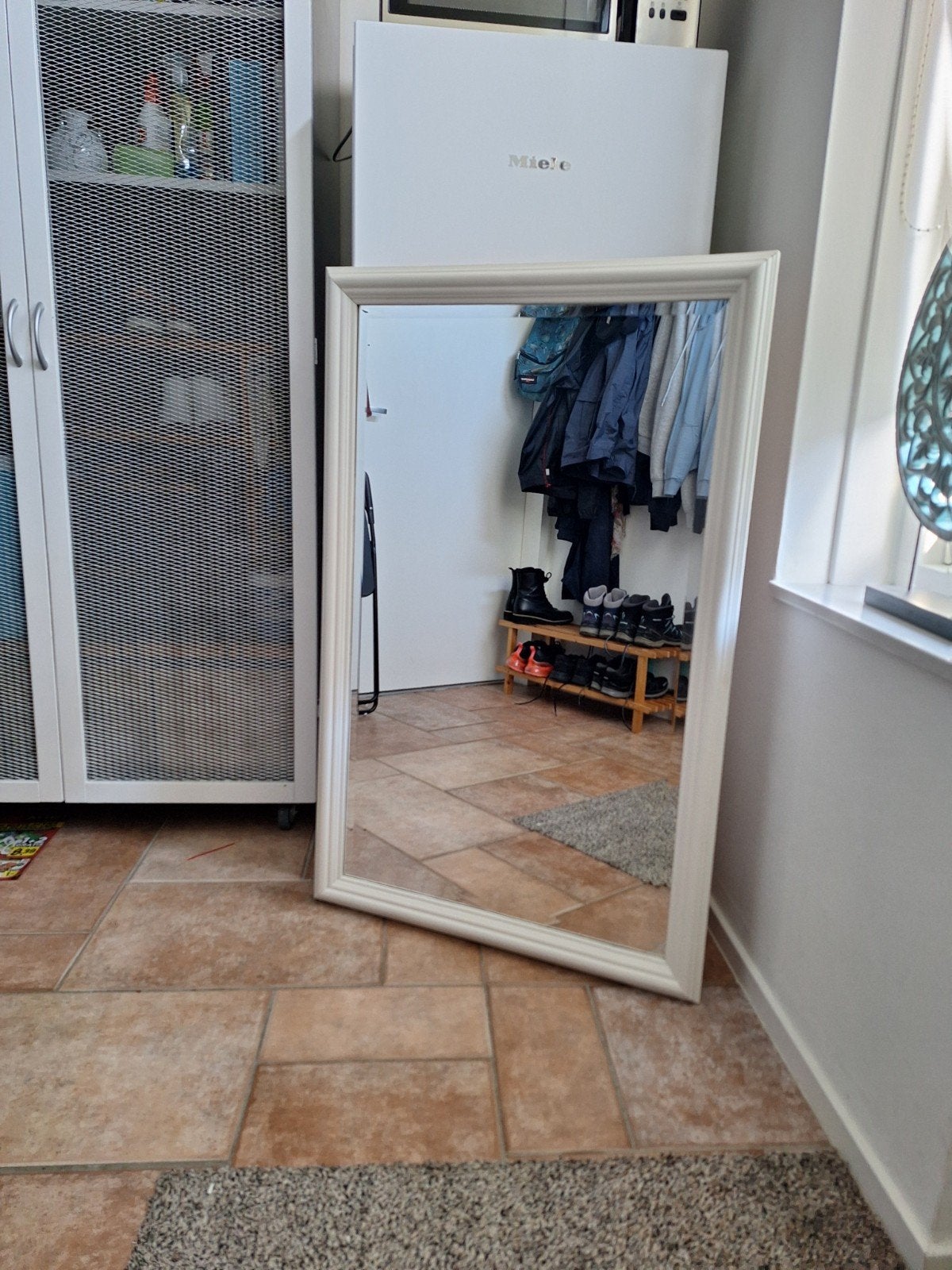 Nette gebroken wit, Grenen spiegel met geslepen glas, Huis en Inrichting, Ophalen, Gebruikt, 100 tot 150 cm, Rechthoekig